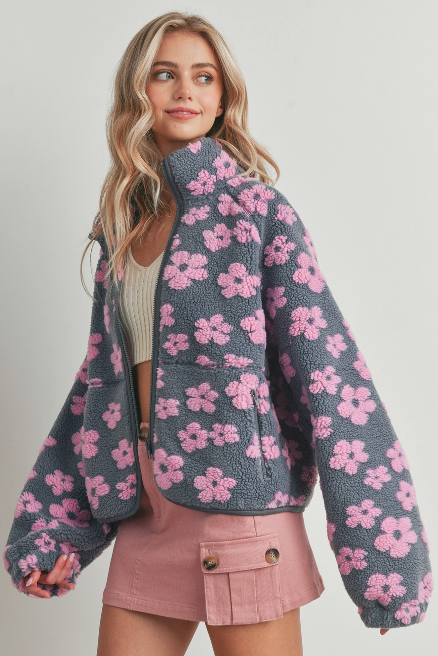 Daisy Oversized Printed Sherpa Jacket Blush Butterfly